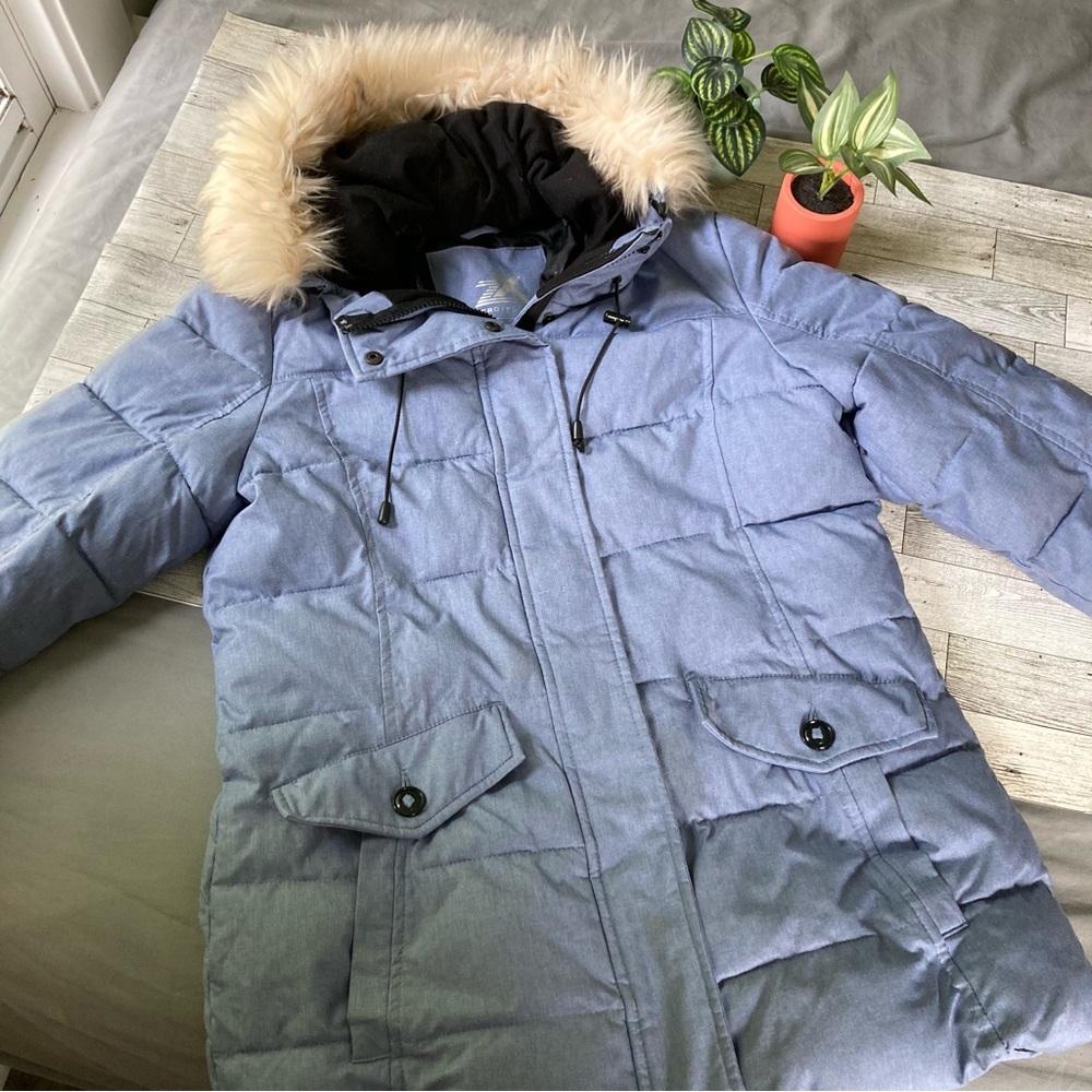 ZeroXposur Light Blue Puffer Jacket with Faux Fur Trim